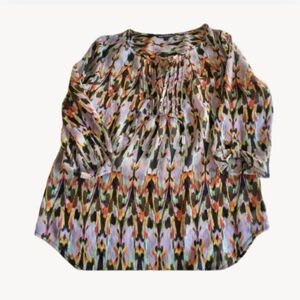 Express XS Top Sheer Colorful Geo Print Roll Tab Tie Front Boho Drape Blouse